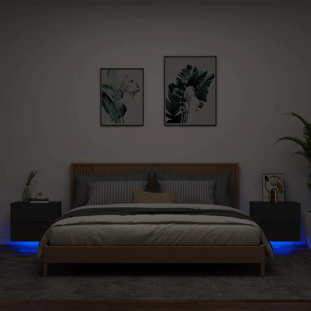 Sieninės naktinės spintelės su LED, 2vnt., juodos