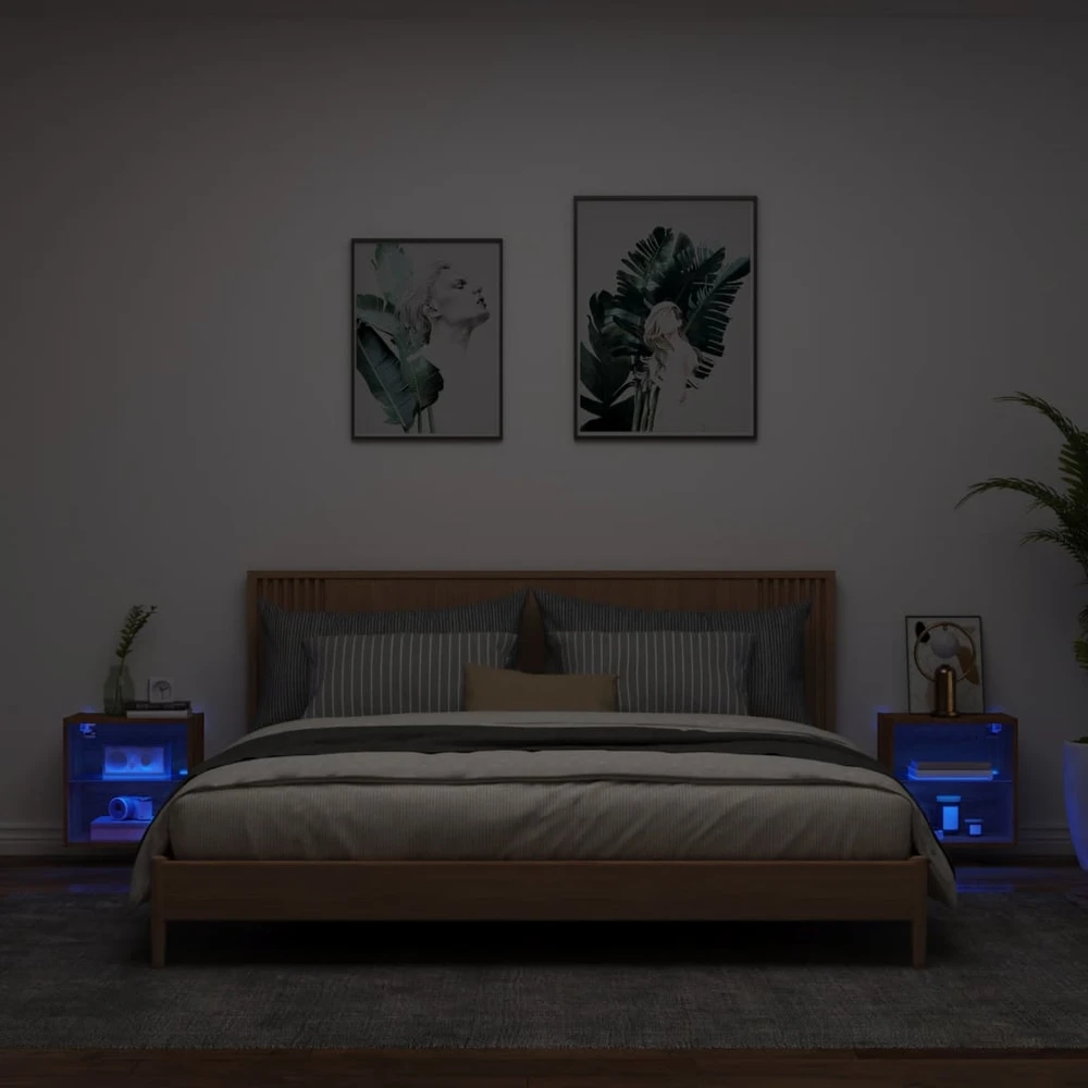TV staliukas Sieninės naktinės spintelės su LED, 2vnt., rudos ąžuolo