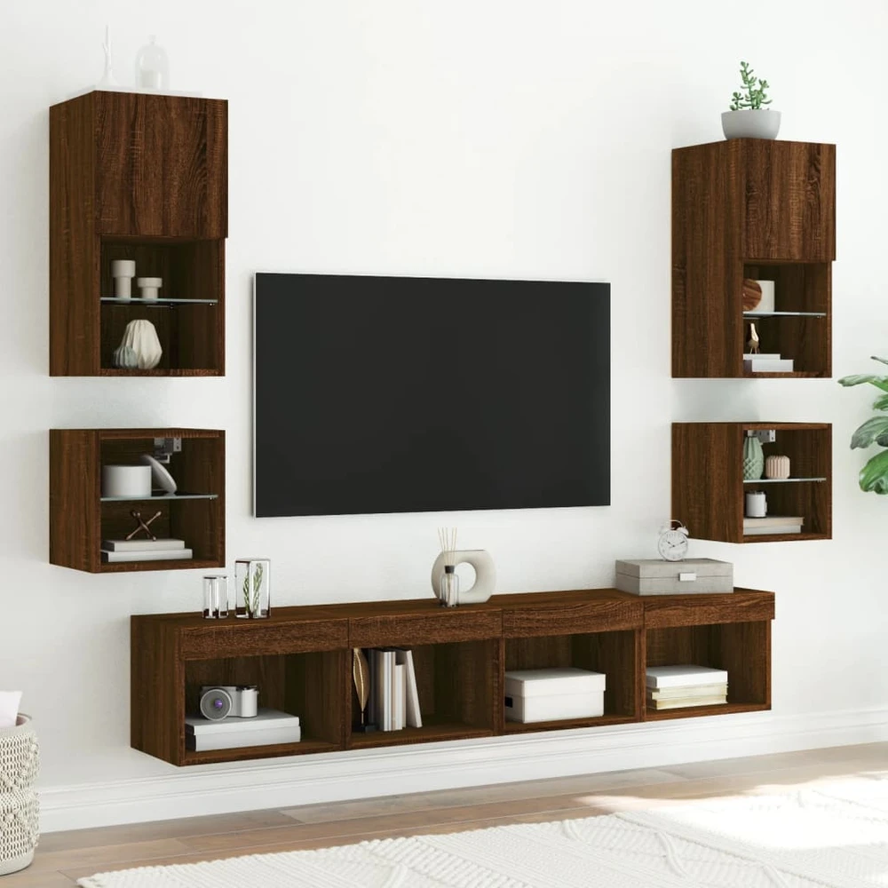 TV staliukas Sieninės naktinės spintelės su LED, 2vnt., rudos ąžuolo