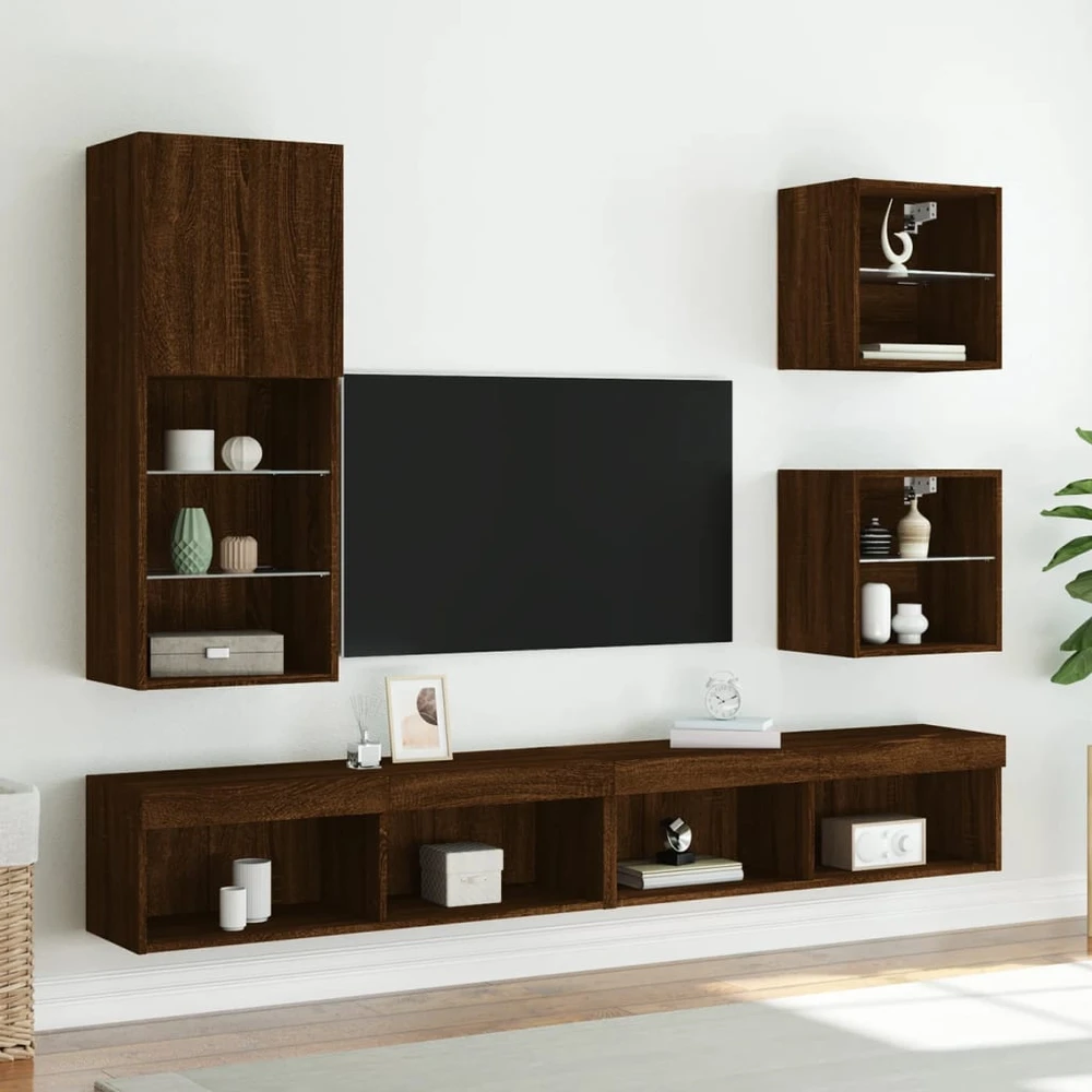 TV staliukas Sieninės naktinės spintelės su LED, 2vnt., rudos ąžuolo