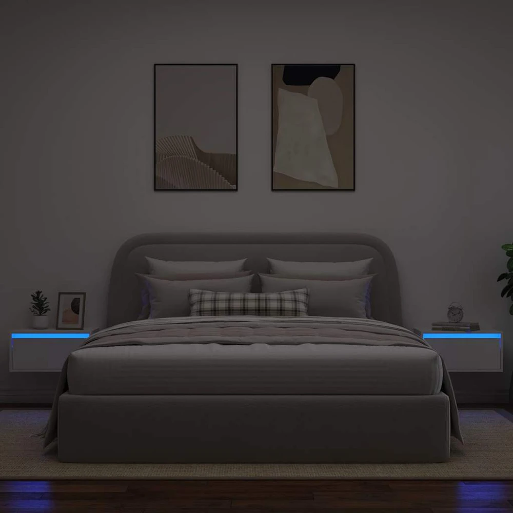 TV staliukas Sieninės naktinės spintelės su LED, 2vnt., baltos