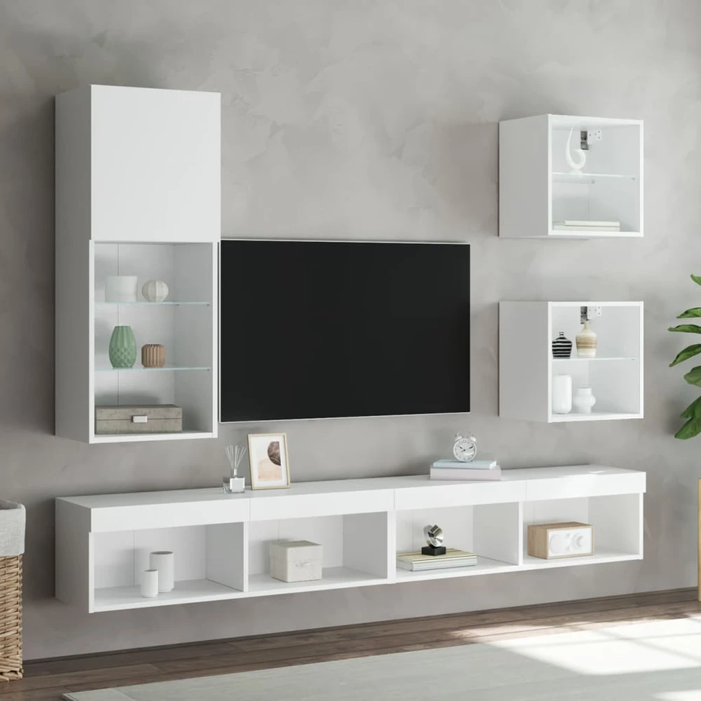 TV staliukas Sieninės naktinės spintelės su LED lemputėmis, 2vnt., baltos