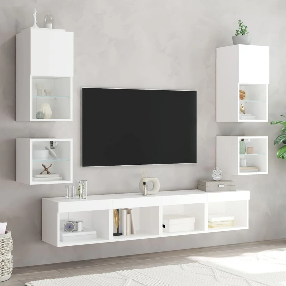 TV staliukas Sieninės naktinės spintelės su LED lemputėmis, 2vnt., baltos