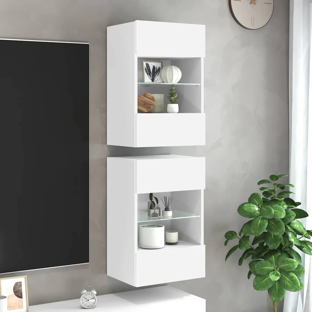 TV staliukas Sieninės TV spintelės su LED, 2vnt., baltos, 40x30x60,5cm
