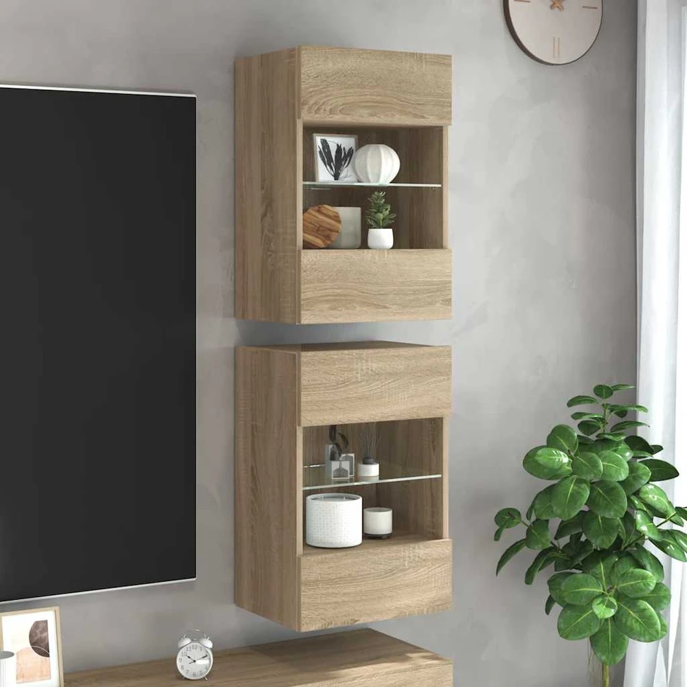 TV staliukas Sieninės TV spintelės su LED, 2vnt., ąžuolo, 40x30x60,5cm