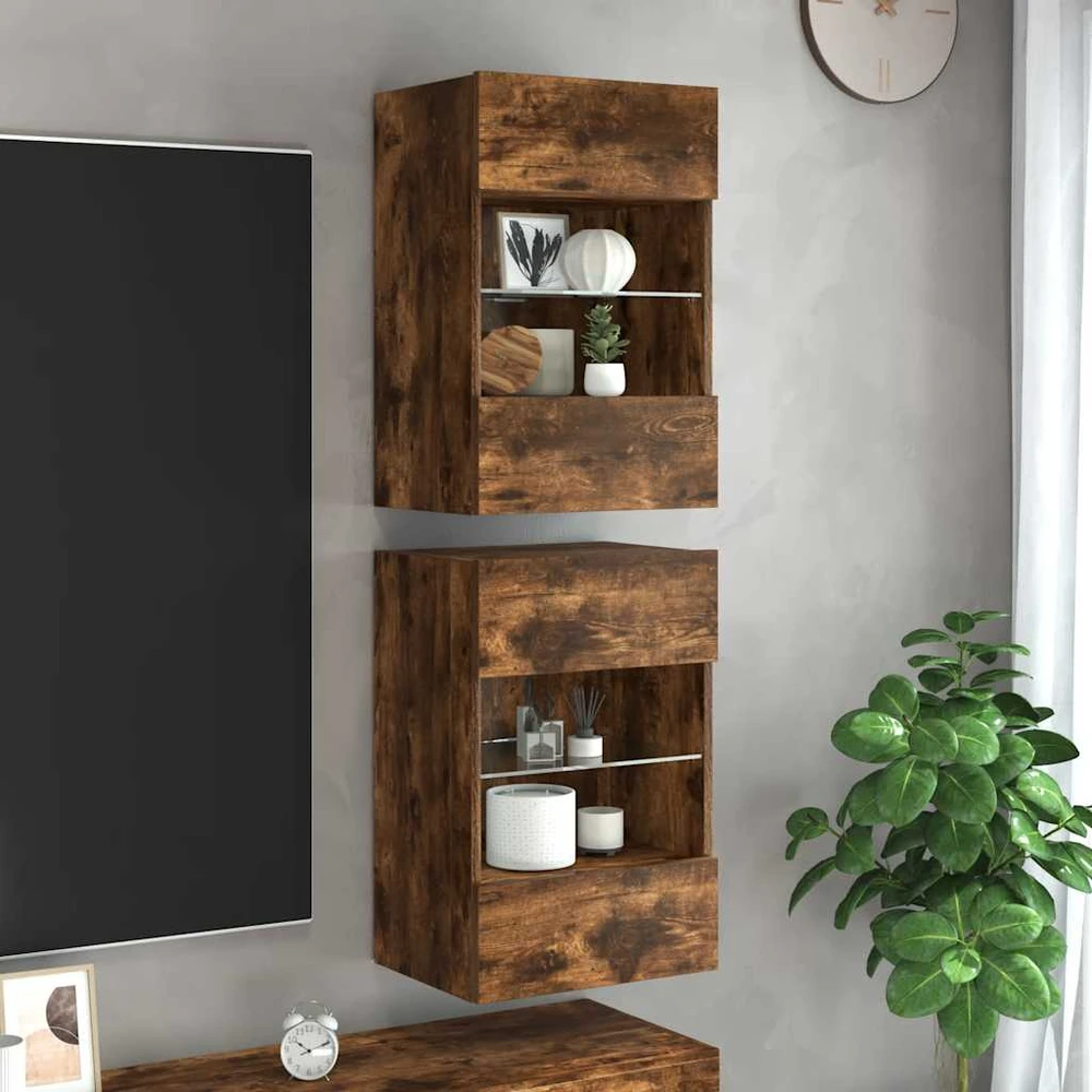 TV staliukas Sieninės TV spintelės su LED, 2vnt., dūminės, 40x30x60,5cm