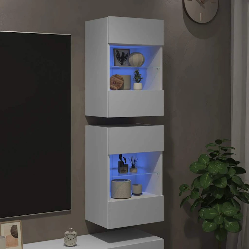 TV staliukas Sieninės TV spintelės su LED, 2vnt., baltos, 40x30x60,5cm