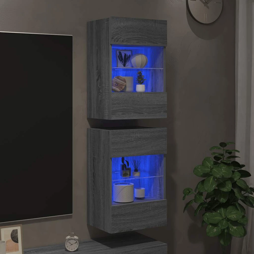TV staliukas Sieninės TV spintelės su LED, 2vnt., pilkos, 40x30x60,5cm
