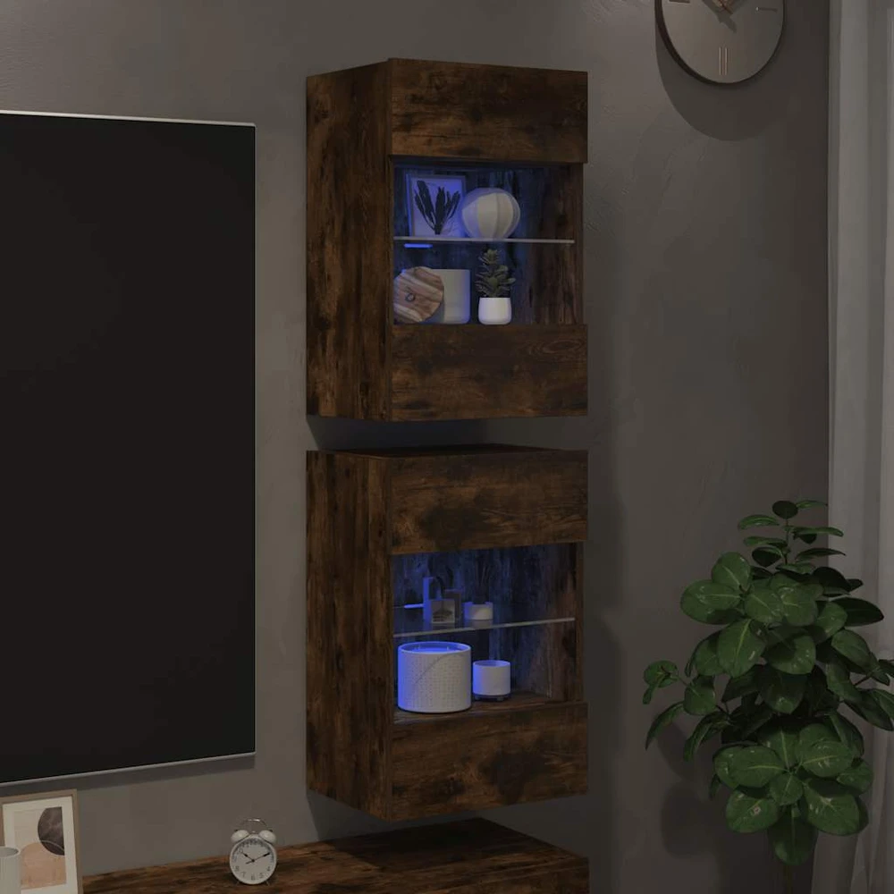 TV staliukas Sieninės TV spintelės su LED, 2vnt., dūminės, 40x30x60,5cm