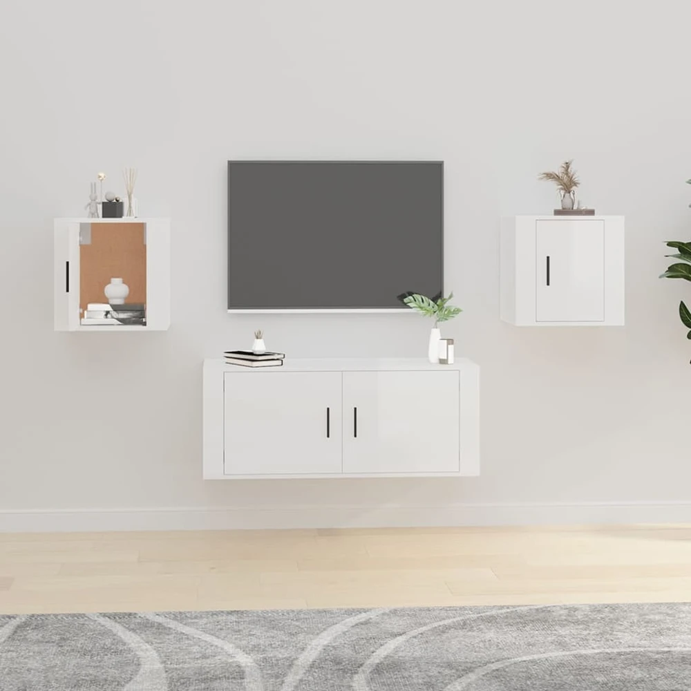 TV staliukas Sieninės TV spintelės, 2vnt., baltos, 40x34,5x40cm, blizgios
