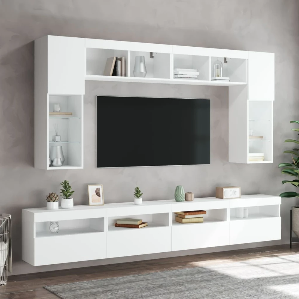 TV staliukas Sieninės TV spintelės su LED, 2vnt., baltos, 60x30x40cm