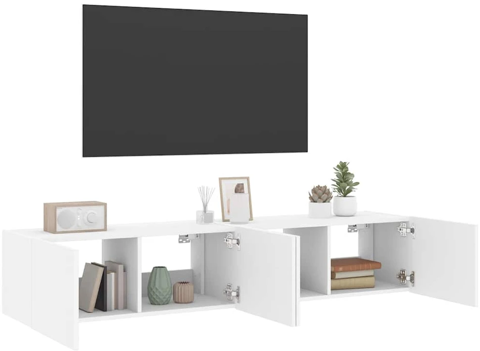 TV staliukas Sieninės TV spintelės su LED, 2vnt., baltos, 80x35x31cm
