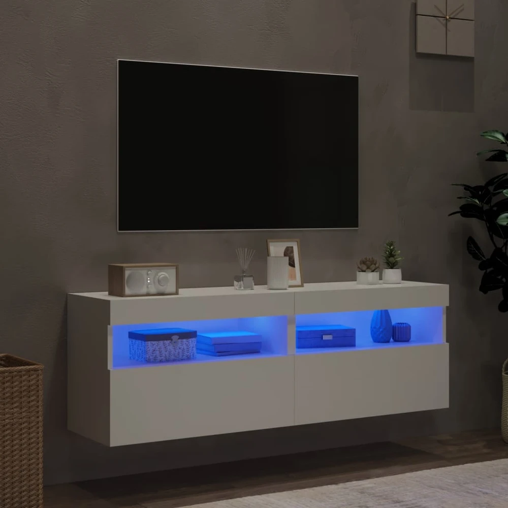 TV staliukas Sieninės TV spintelės su LED, 2vnt., baltos, 60x30x40cm