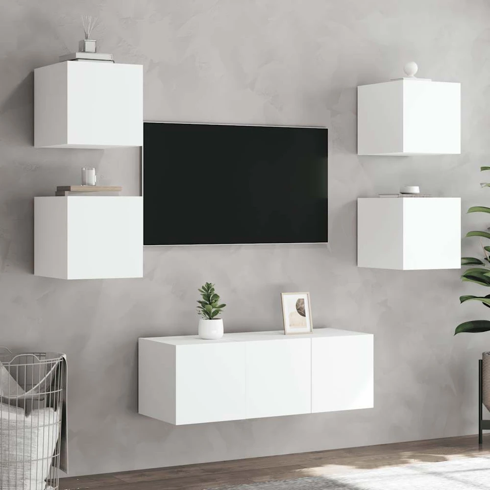 TV staliukas Sieninės TV spintelės su LED, 2vnt., baltos, 30,5x35x30cm