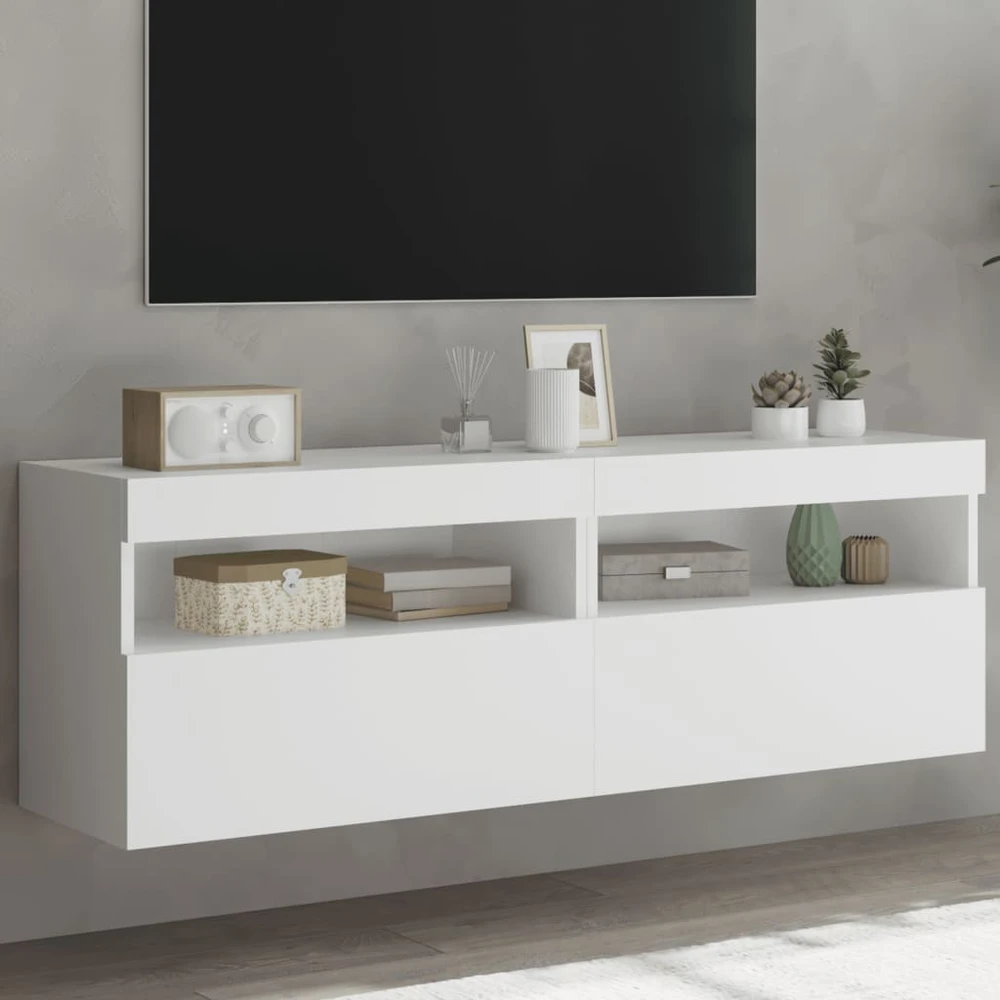 TV staliukas Sieninės TV spintelės su LED, 2vnt., baltos, 60x30x40cm