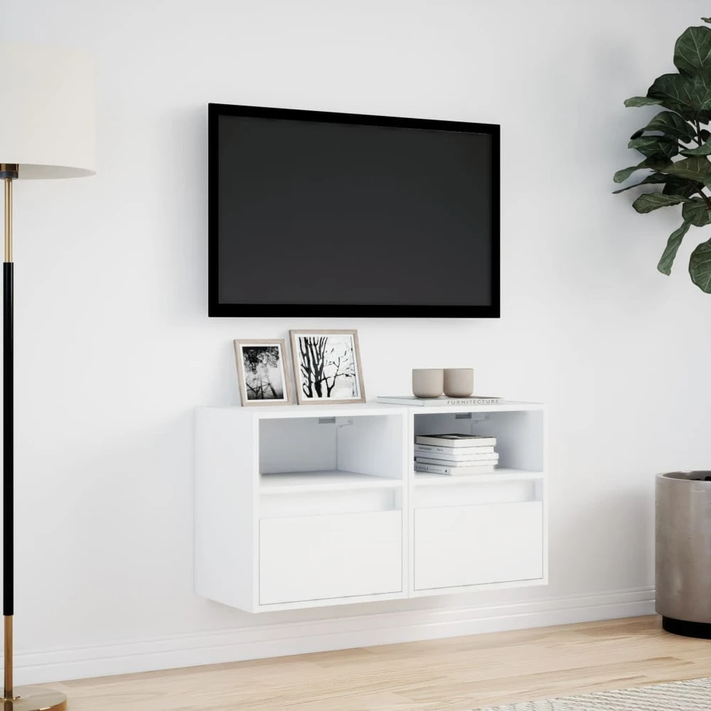 TV staliukas Sieninės TV spintelės su LED, 2vnt., baltos, 41x31x45cm