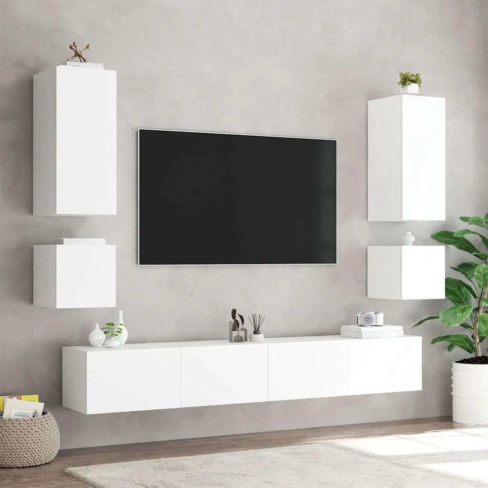 TV staliukas Sieninės TV spintelės su LED, 2vnt., baltos, 40,5x35x40cm