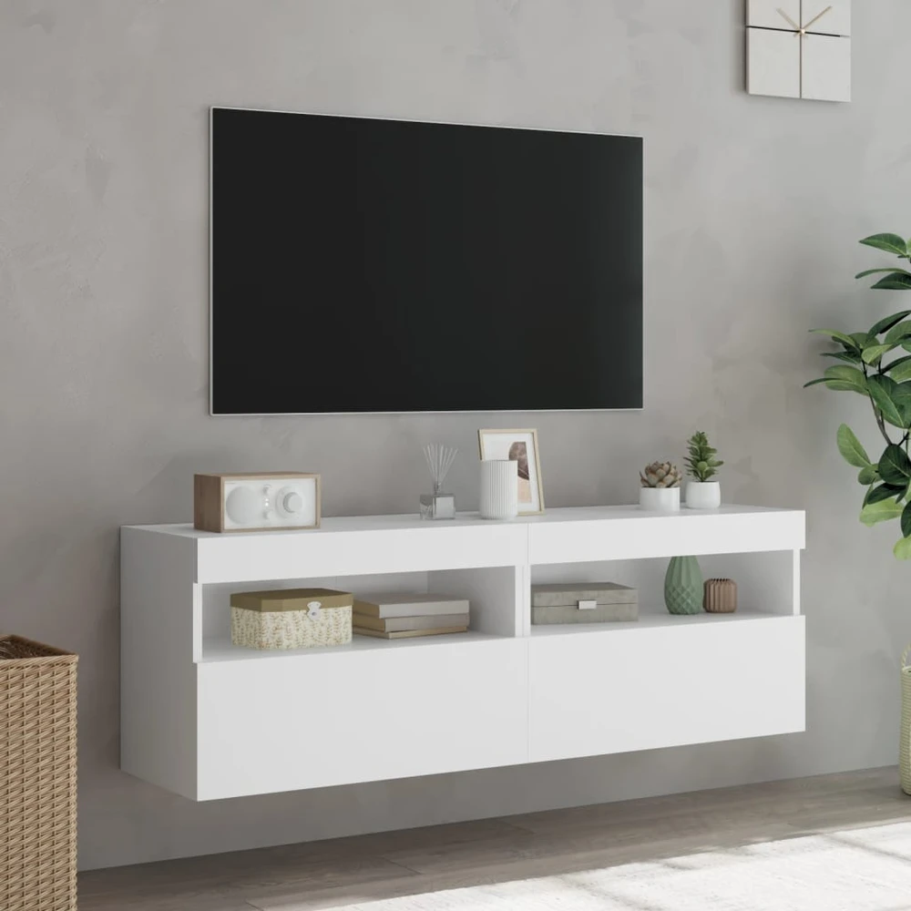 TV staliukas Sieninės TV spintelės su LED, 2vnt., baltos, 60x30x40cm