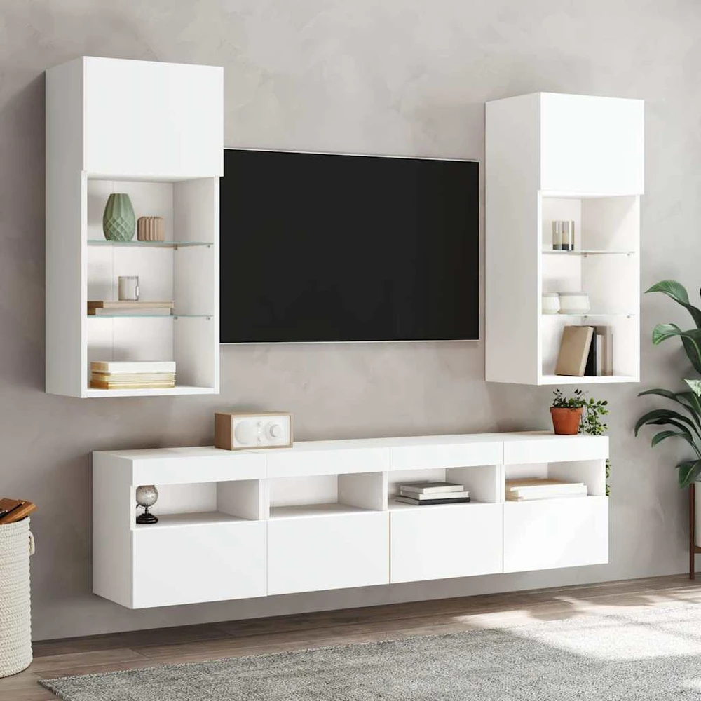 TV staliukas Sieninės TV spintelės su LED, 2vnt., baltos, 40x30x40cm