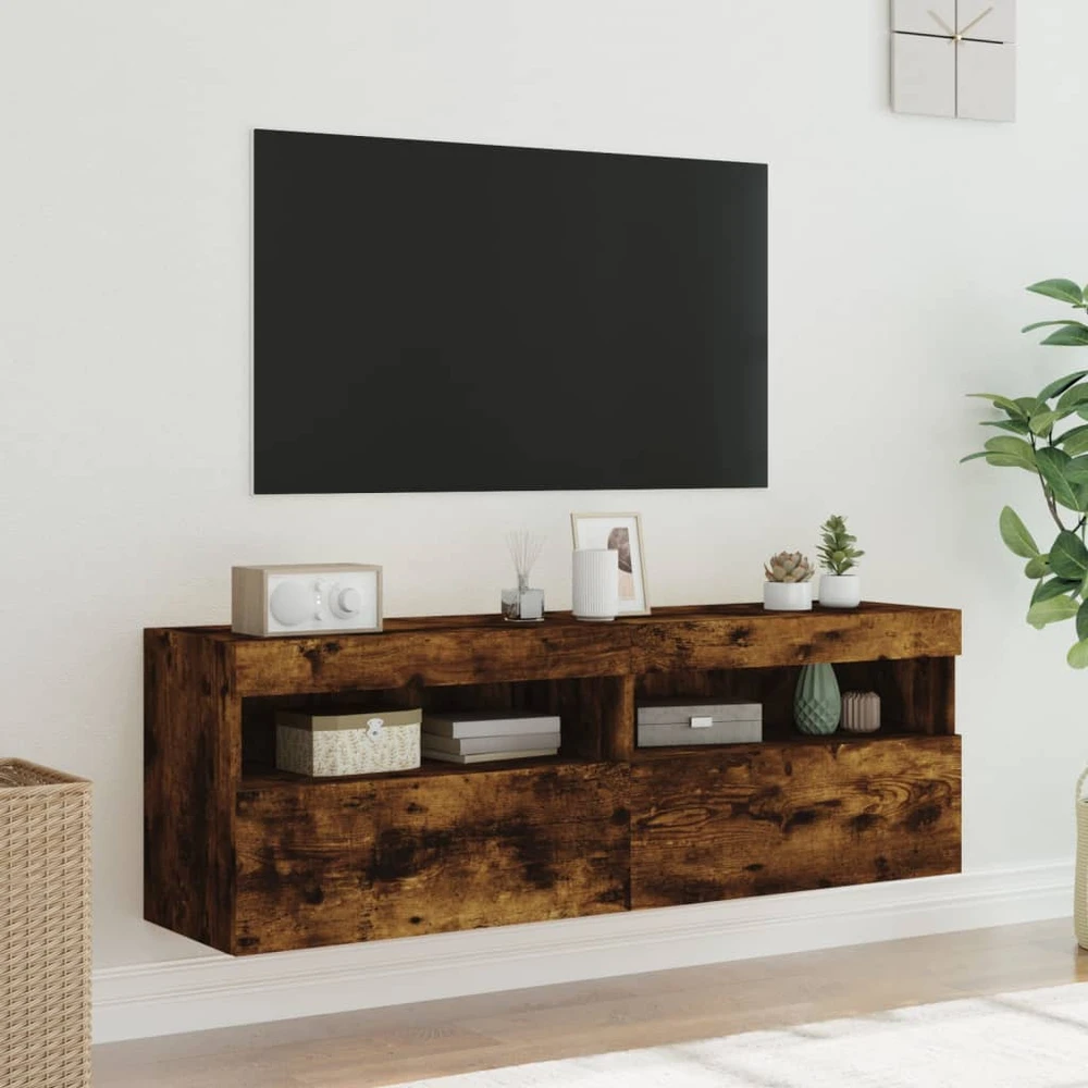 TV staliukas Sieninės TV spintelės su LED, 2vnt., dūminės ąžuolo, 60x30x40cm