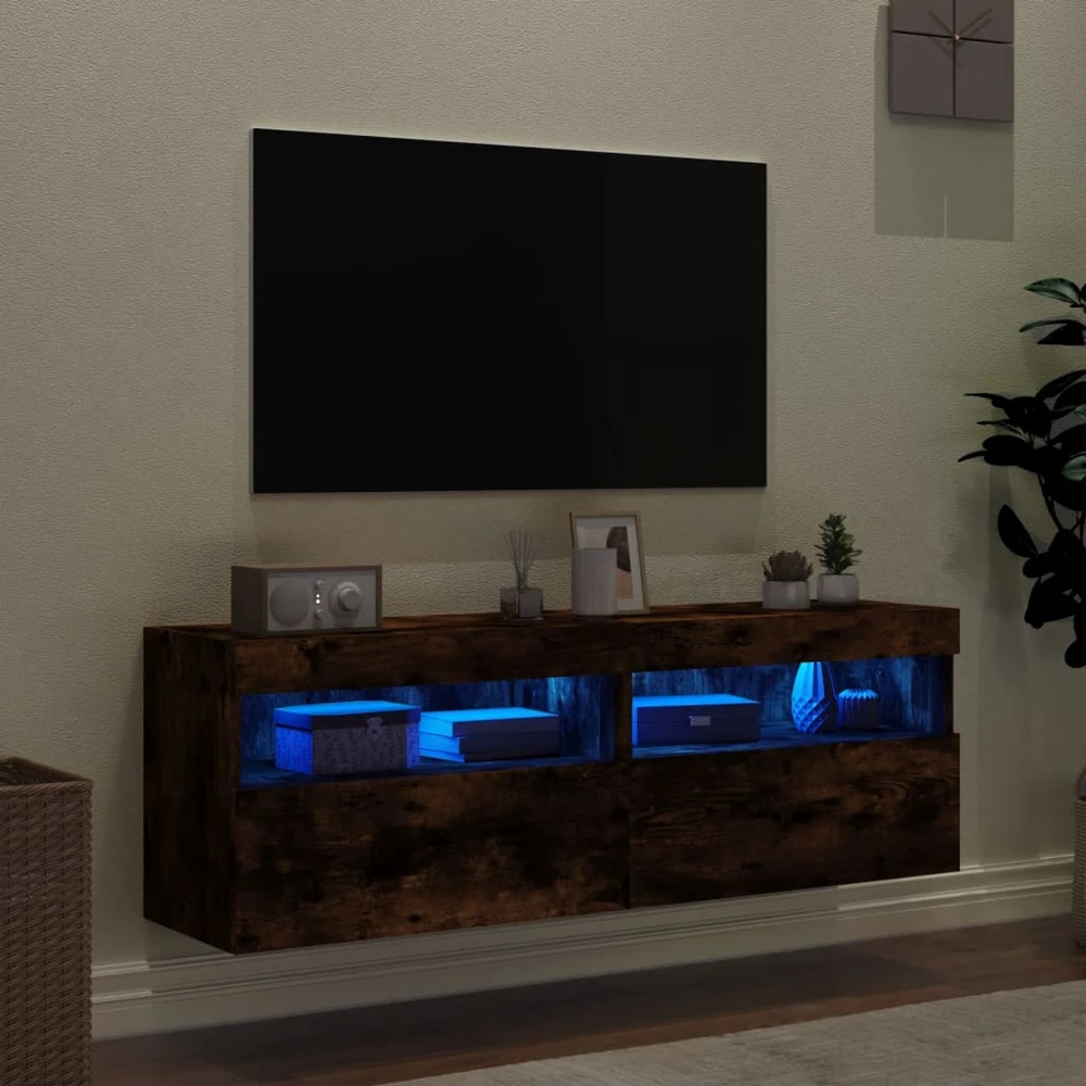 TV staliukas Sieninės TV spintelės su LED, 2vnt., dūminės ąžuolo, 60x30x40cm