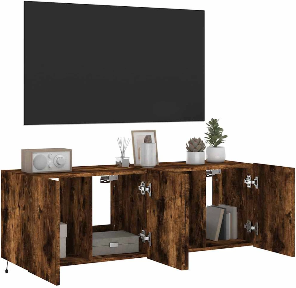 TV staliukas Sieninės TV spintelės su LED, 2vnt., dūminės ąžuolo, 60x35x41cm