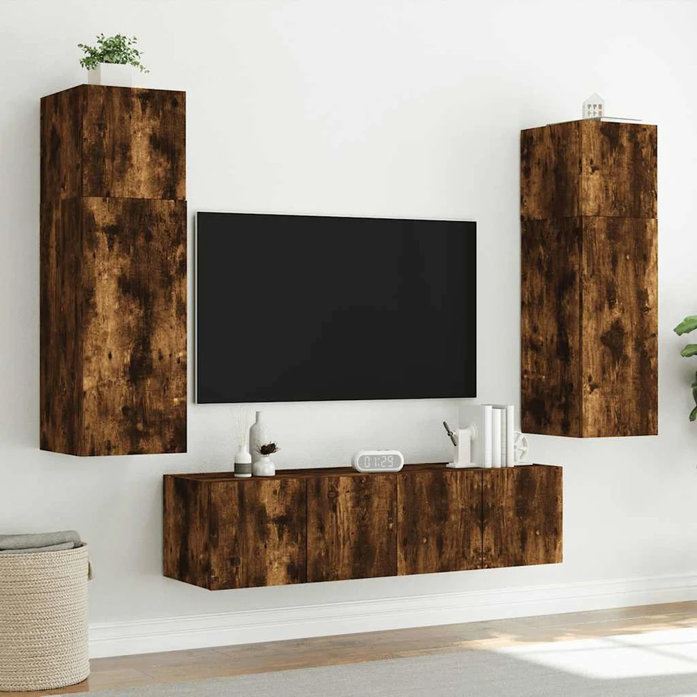 TV staliukas Sieninės TV spintelės su LED, 2vnt., dūminės ąžuolo, 60x35x41cm