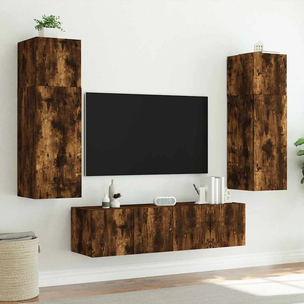 TV staliukas Sieninės TV spintelės su LED, 2vnt., dūminės ąžuolo, 80x35x31cm
