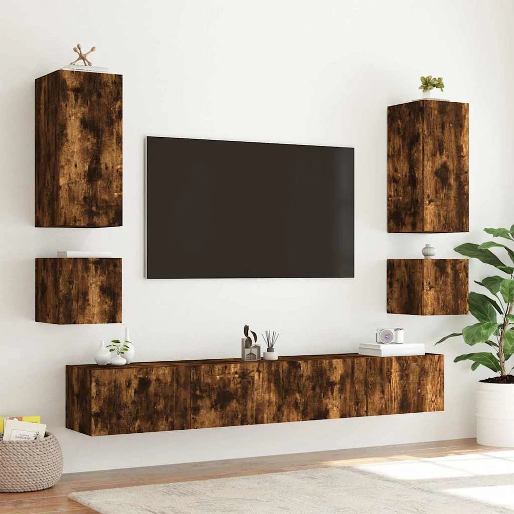 TV staliukas Sieninės TV spintelės su LED, 2vnt., dūminės, 40,5x35x40cm