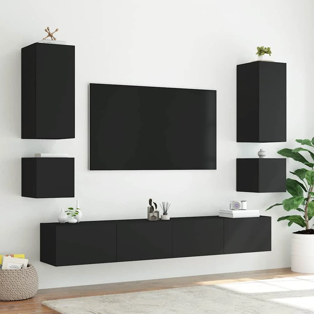 TV staliukas Sieninės TV spintelės su LED, 2vnt., juodos, 40,5x35x40cm