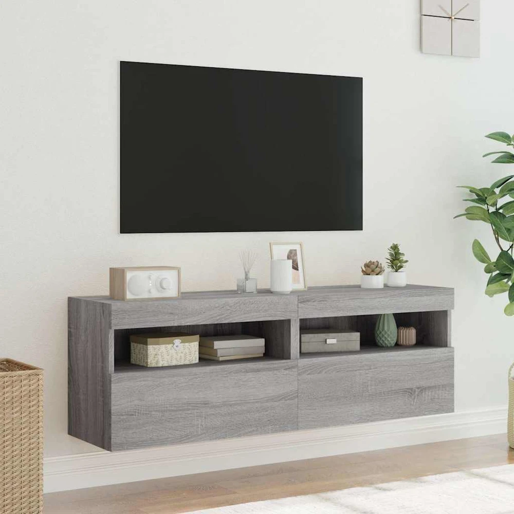 TV staliukas Sieninės TV spintelės su LED, 2vnt., pilka ąžuolo, 60x30x40cm