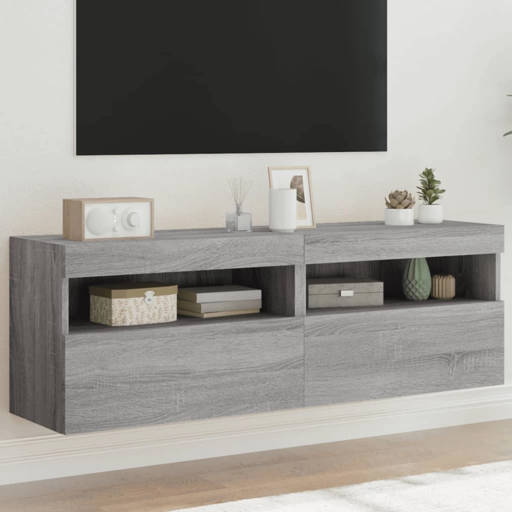 TV staliukas Sieninės TV spintelės su LED, 2vnt., pilka ąžuolo, 60x30x40cm