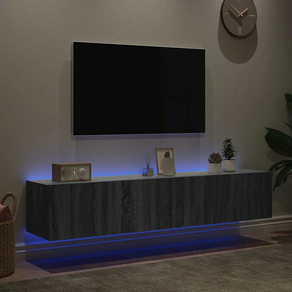 TV staliukas Sieninės TV spintelės su LED, 2vnt., pilkos ąžuolo, 80x35x31cm