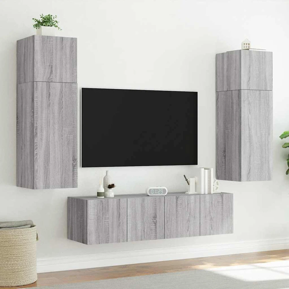 TV staliukas Sieninės TV spintelės su LED, 2vnt., pilkos ąžuolo, 80x35x31cm