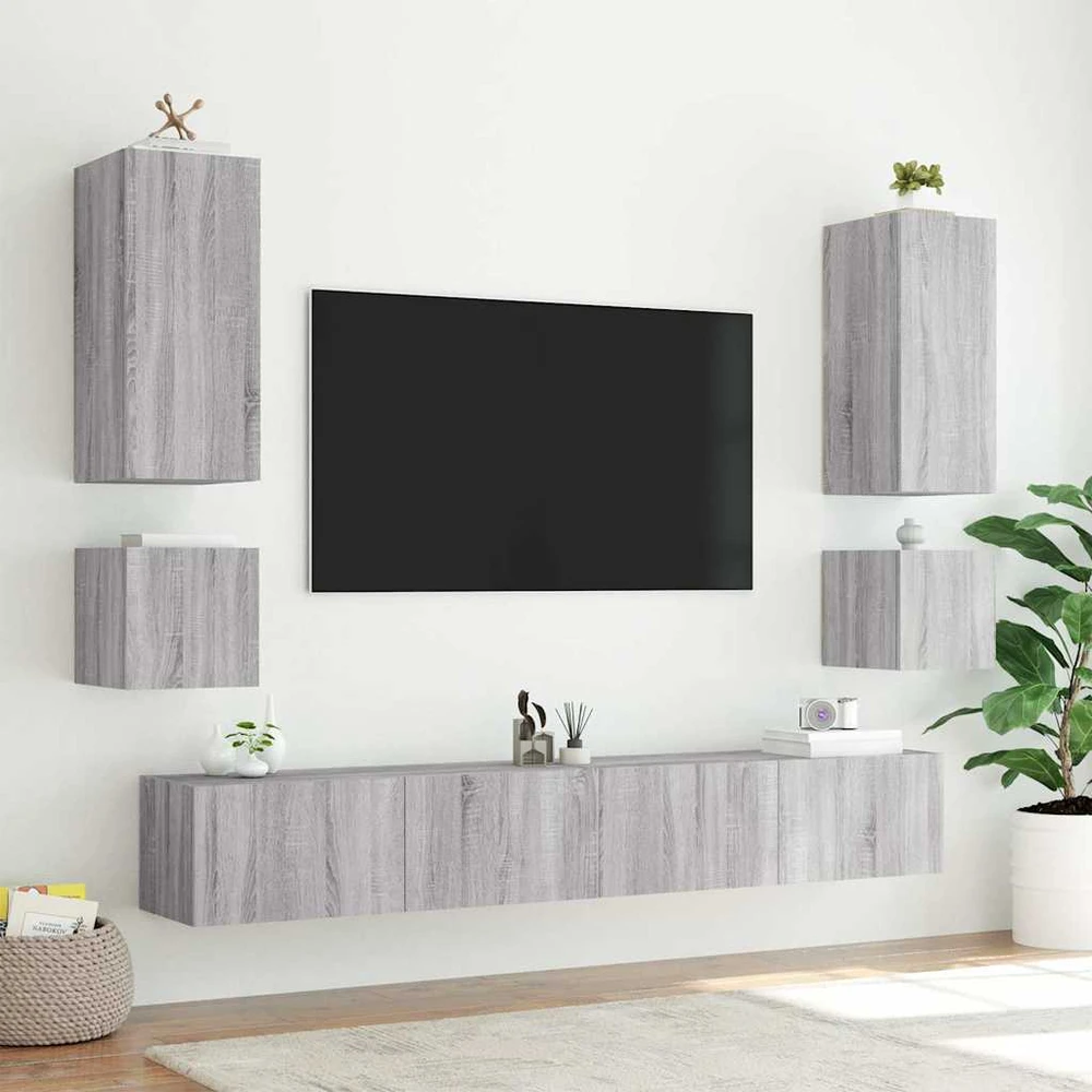 TV staliukas Sieninės TV spintelės su LED, 2vnt., pilkos, 40,5x35x40cm