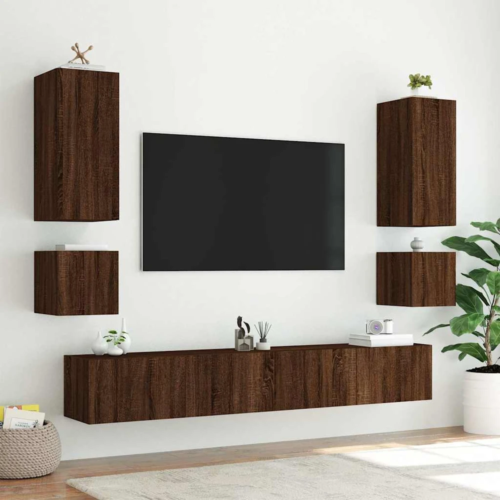 TV staliukas Sieninės TV spintelės su LED, 2vnt., rudos, 40,5x35x40cm
