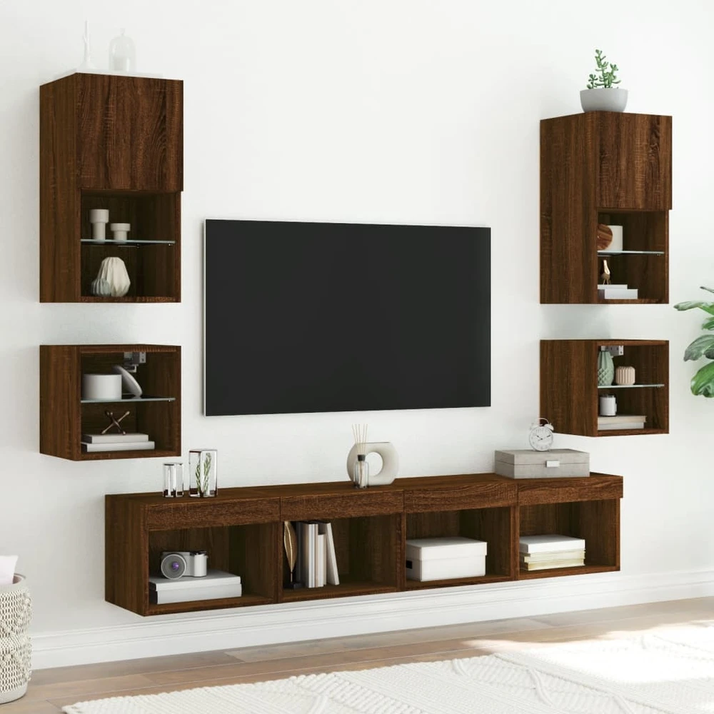 TV staliukas Sieninės TV spintelės su LED, 2vnt., rudos ąžuolo, 30x28,5x30cm