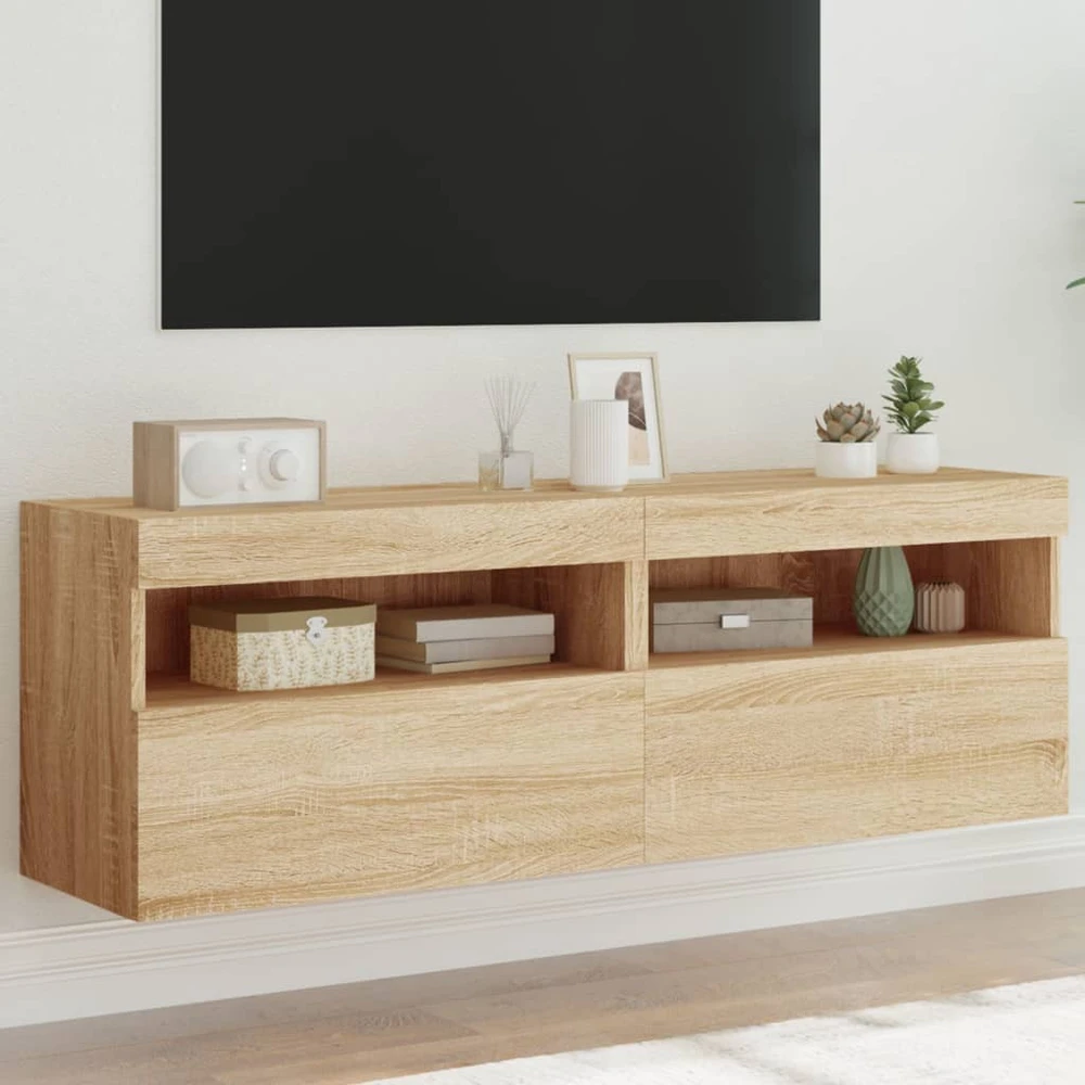 TV staliukas Sieninės TV spintelės su LED, 2vnt., sonoma ąžuolo, 60x30x40cm