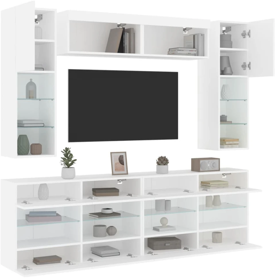 TV staliukas Sieninės TV spintelės su LED lemputėmis, 6vnt., baltos spalvos