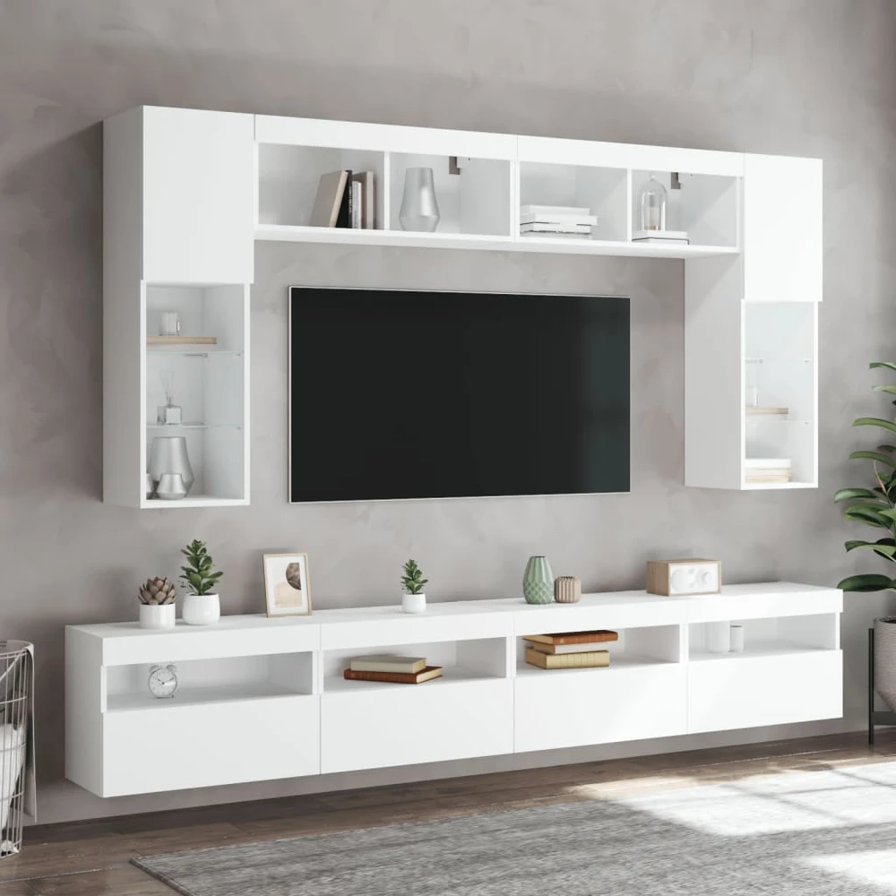 TV staliukas Sieninės TV spintelės su LED lemputėmis, 8vnt., baltos spalvos