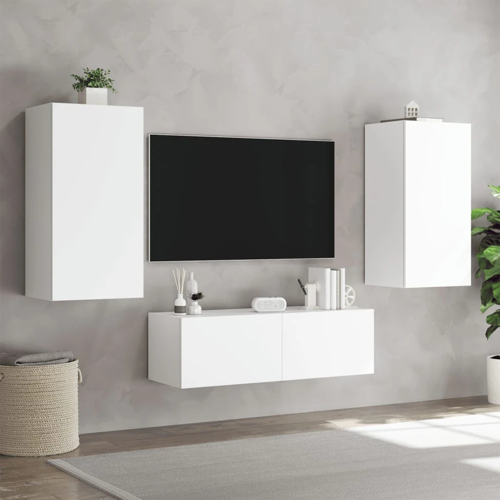 TV staliukas Sieninės TV spintelės su LED lemputėmis, 3 dalių, baltos