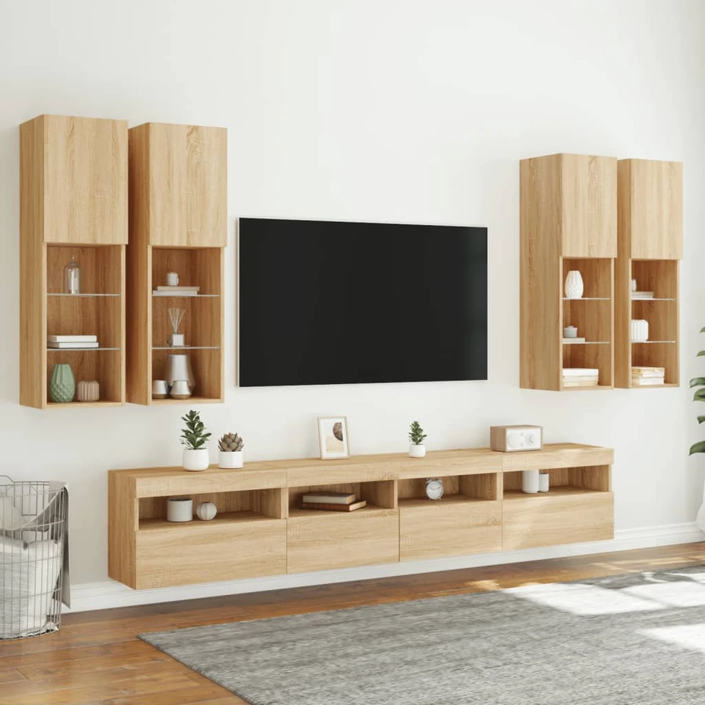 TV staliukas Sieninės TV spintelės su LED lemputėmis, 7vnt., ąžuolo spalvos