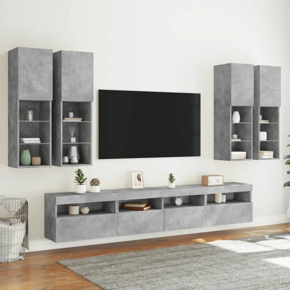 TV staliukas Sieninės TV spintelės su LED lemputėmis, 7vnt., betono pilkos