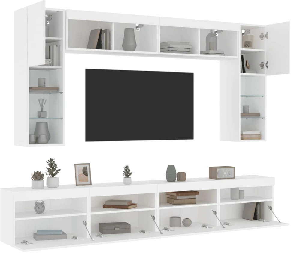 TV staliukas Sieninės TV spintelės su LED lemputėmis, 8vnt., baltos spalvos