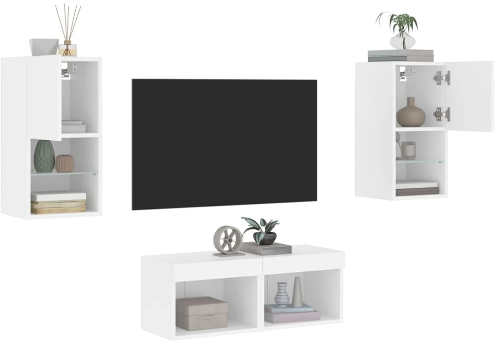 TV staliukas Sieninės TV spintelės su LED lemputėmis, 4 dalių, baltos