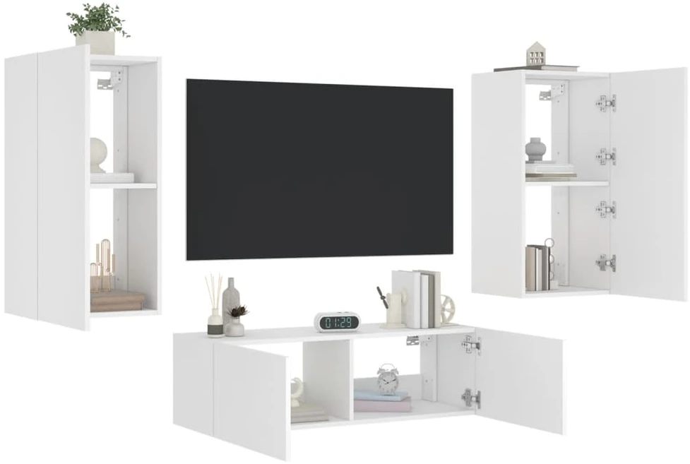 TV staliukas Sieninės TV spintelės su LED lemputėmis, 3 dalių, baltos
