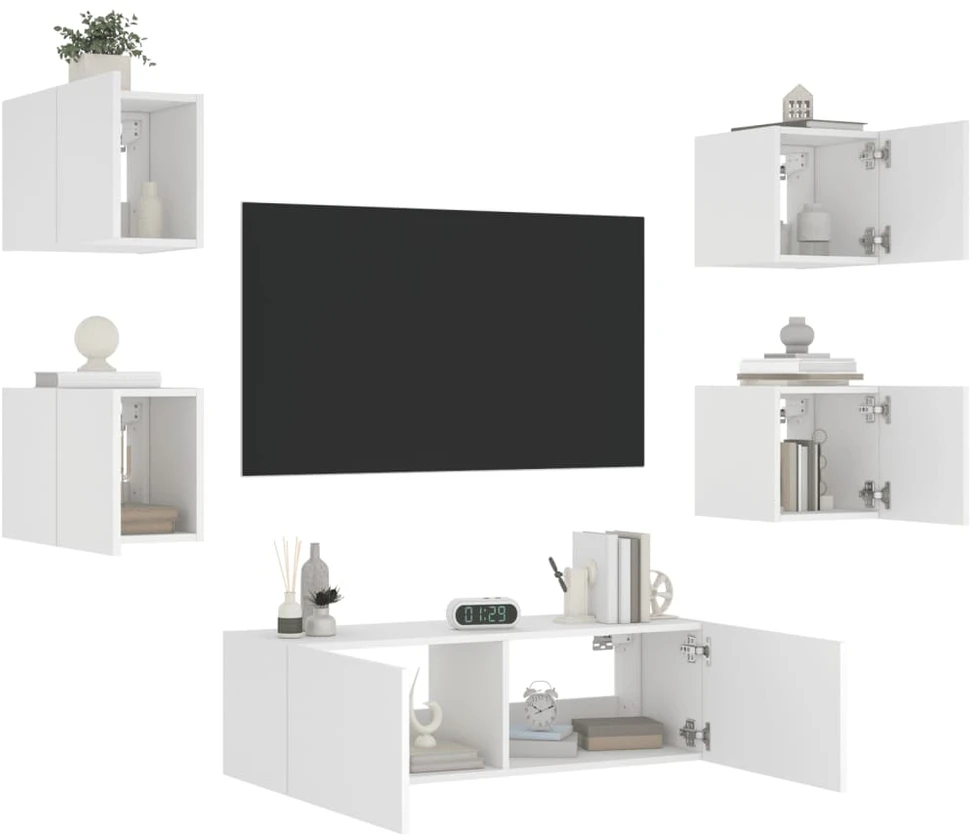TV staliukas Sieninės TV spintelės su LED lemputėmis, 5 dalių, baltos