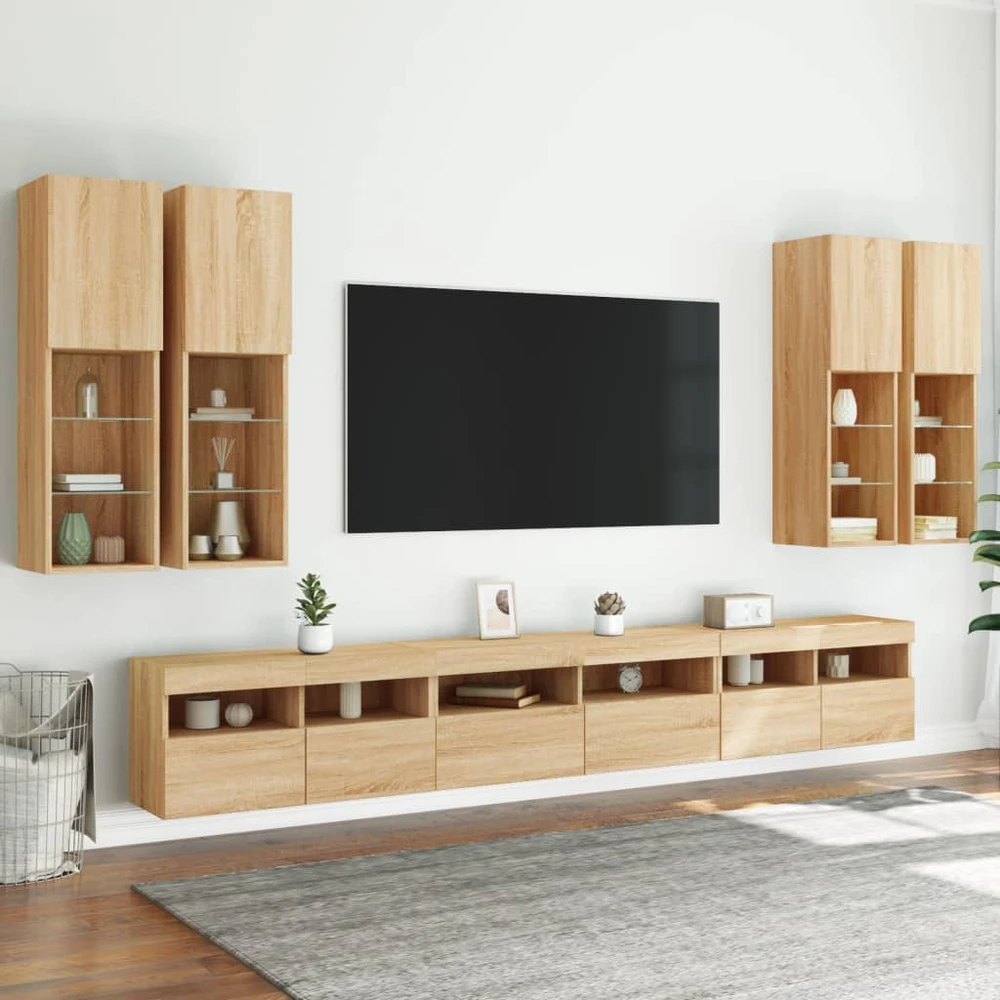 TV staliukas Sieninės TV spintelės su LED lemputėmis, 7vnt., ąžuolo spalvos