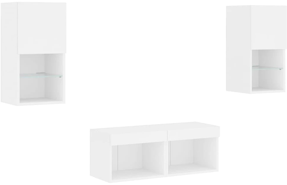 TV staliukas Sieninės TV spintelės su LED lemputėmis, 4 dalių, baltos