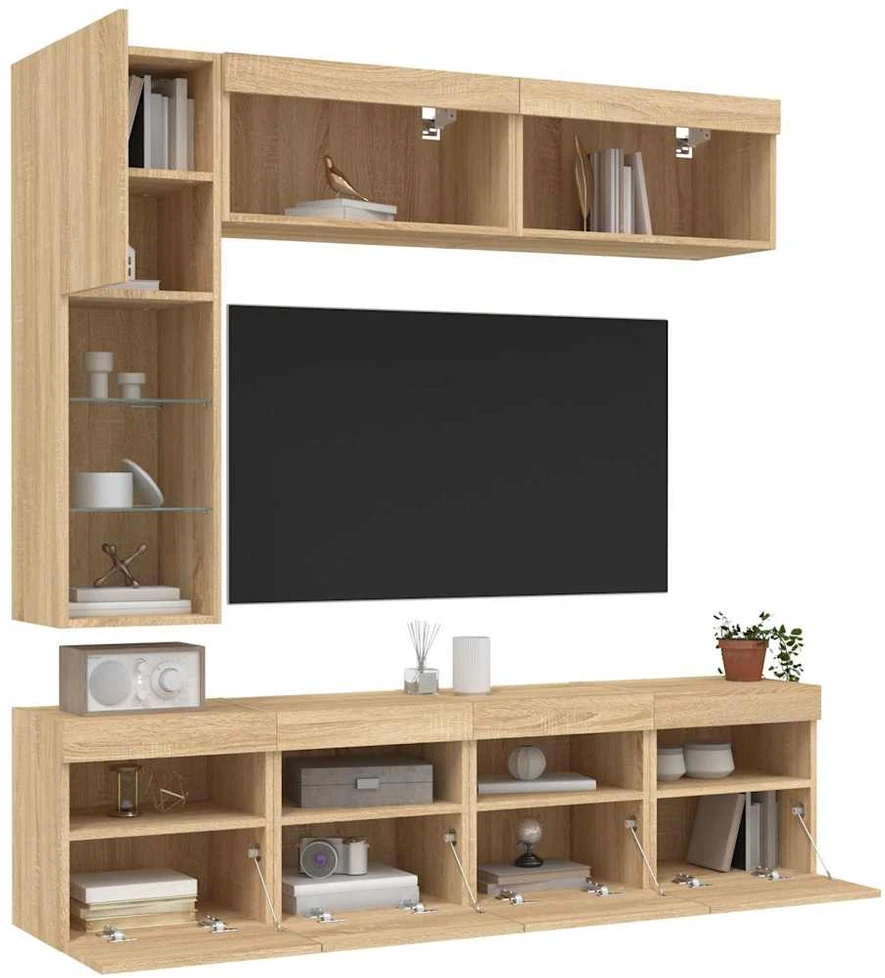 TV staliukas Sieninės TV spintelės su LED lemputėmis, 7vnt., ąžuolo spalvos